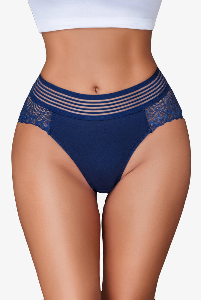 Dark blue lace hipster panties with fishnet waist and cotton blend. Sexy lingerie design.