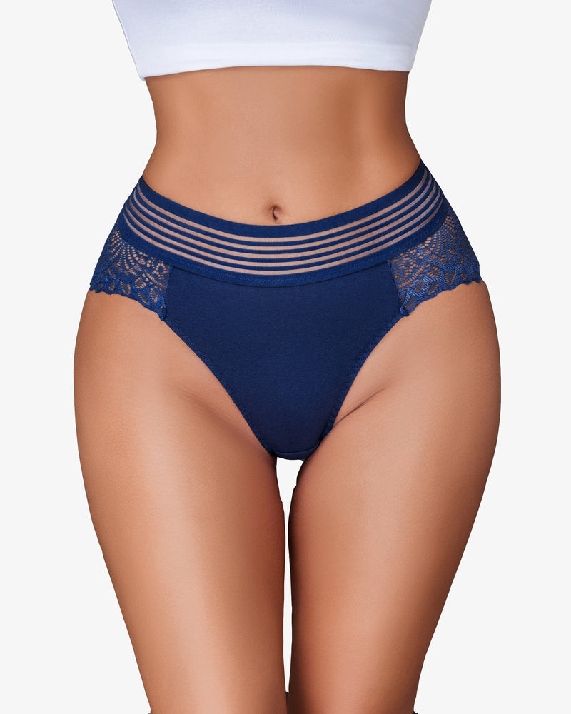 Dark blue lace hipster panties with fishnet waist and cotton blend. Sexy lingerie design.