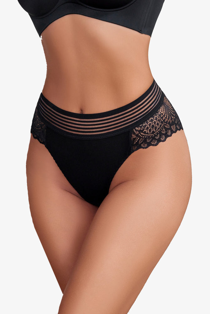 Black lace hipster panties with a comfortable cotton blend, featuring a lace back and fishnet waist.