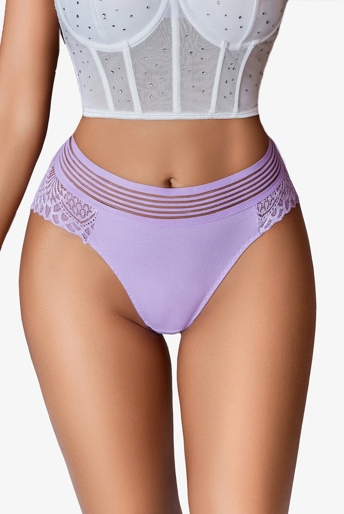 Lace cheeky hipster panties in lavender, cotton blend with fishnet waist, sexy design