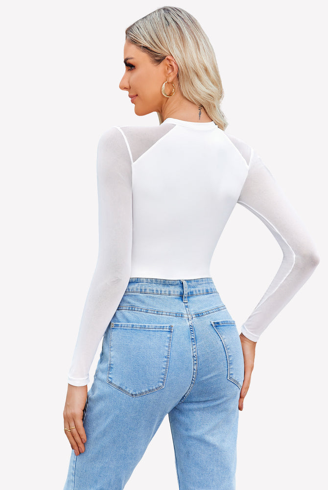 White mesh turtleneck bodysuit with long sleeves, a comfortable and sexy lingerie option