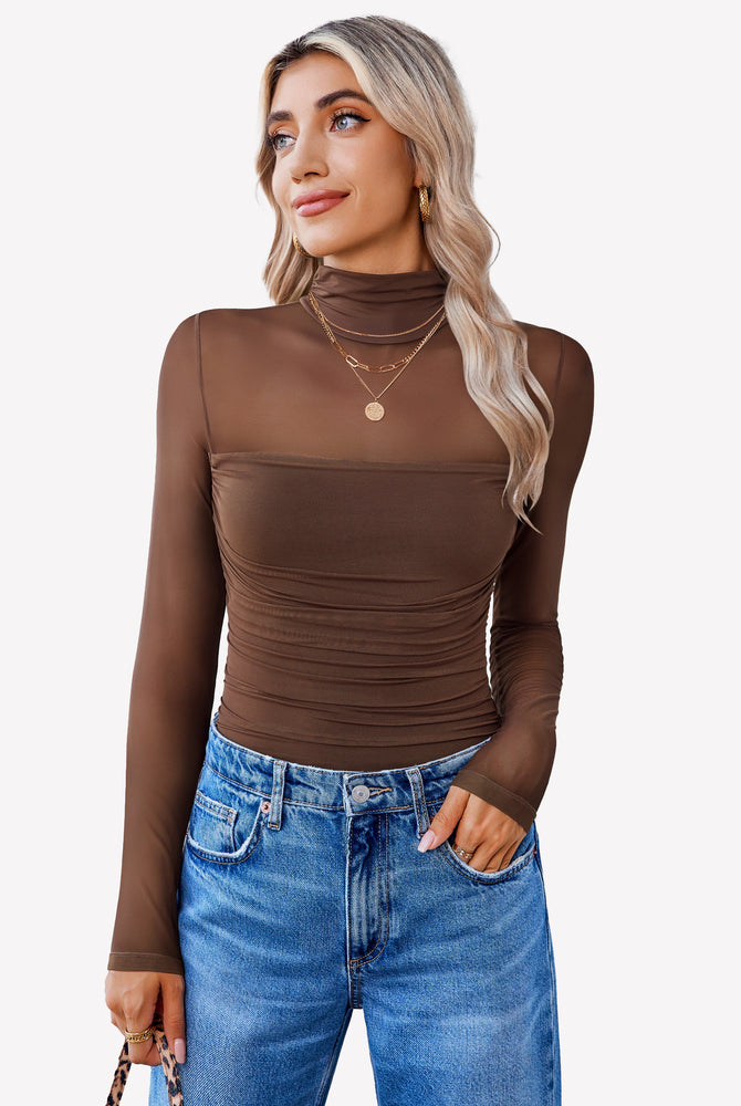 Brown mesh bodysuit with ruched front and blue jeans. Going out outfits for women.