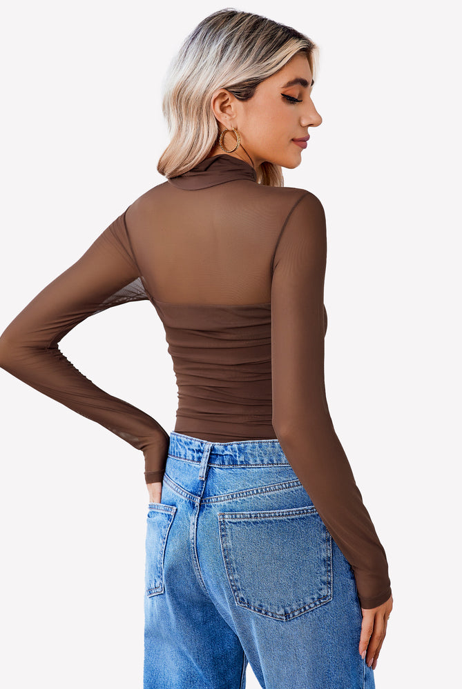 Brown mesh sleeve turtle neck bodysuit and blue jeans for women, perfect for going out.