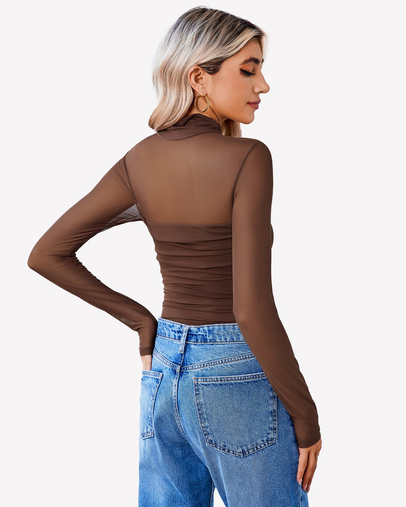 Brown mesh sleeve turtle neck bodysuit and blue jeans for women, perfect for going out.