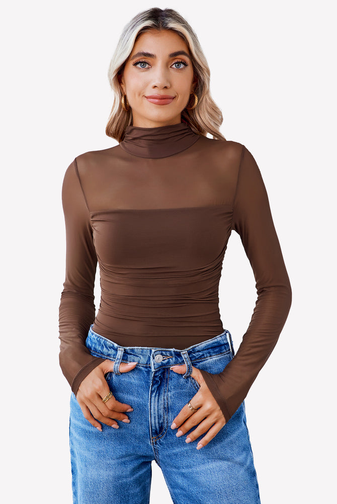 Brown mesh bodysuit with ruched front, long sleeves, and blue jeans for women, perfect going out