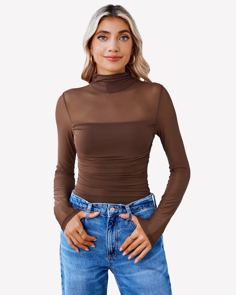 Brown mesh bodysuit with ruched front, long sleeves, and blue jeans for women, perfect going out