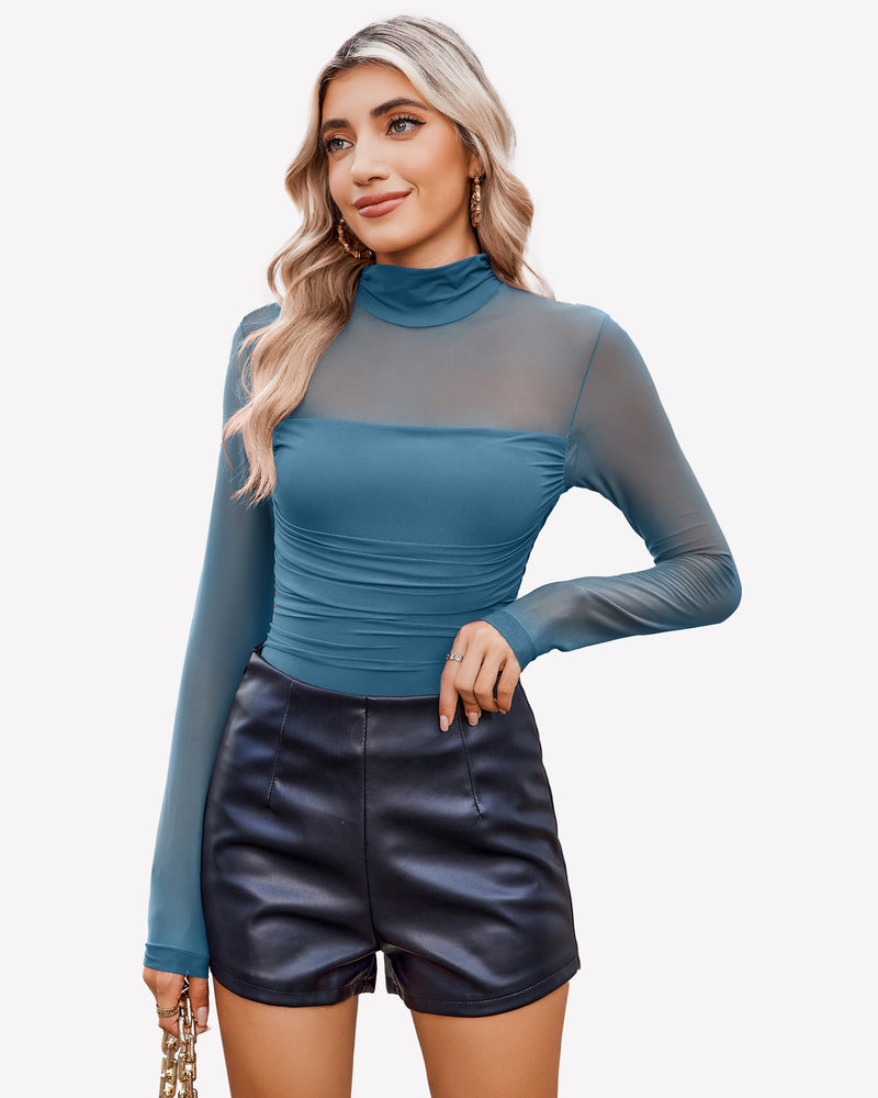 Teal mesh turtleneck bodysuit with ruched front, black shorts. Going out outfit.