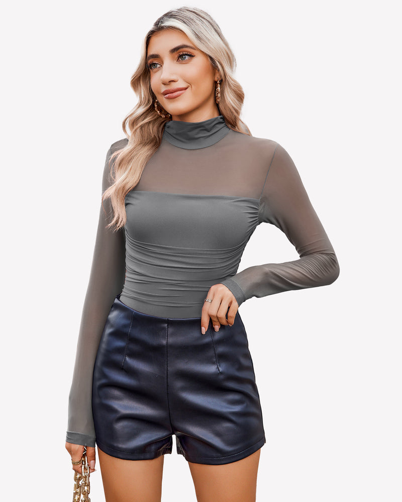 Grey mesh turtleneck bodysuit with ruched front and black shorts, perfect for a night out.