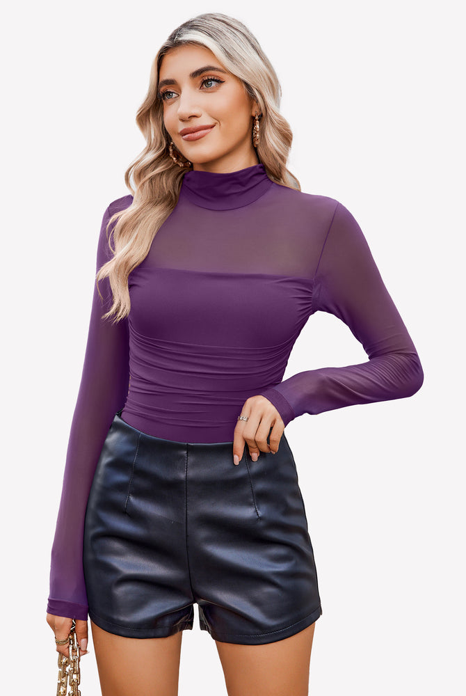 Purple mesh bodysuit with ruched front, black shorts, perfect going out outfit for women.