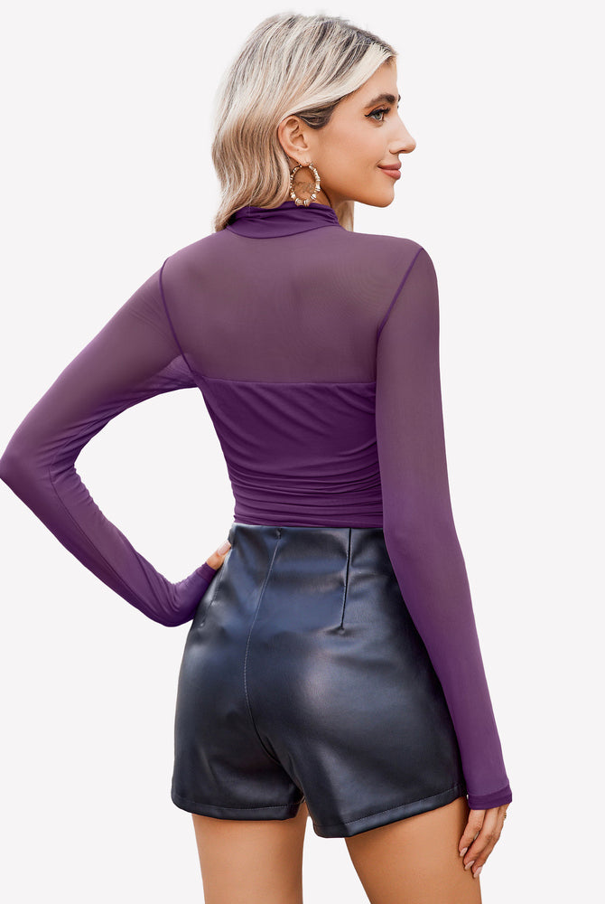 Purple mesh turtle neck bodysuit with black shorts for women. Perfect going out outfit.