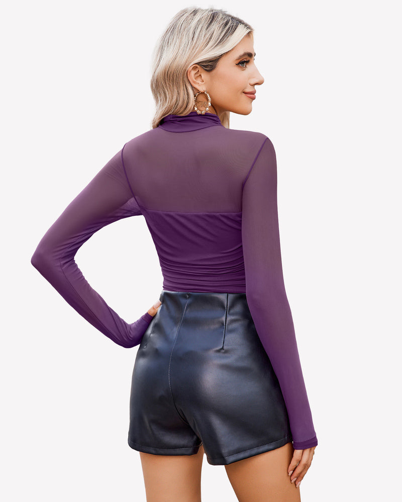 Purple mesh turtle neck bodysuit with black shorts for women. Perfect going out outfit.