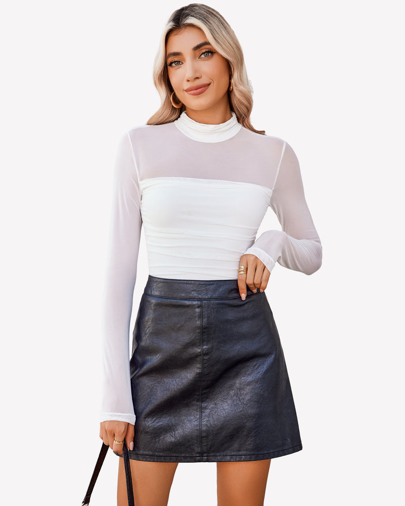 White mesh turtleneck bodysuit and black faux leather skirt, a perfect going out outfit for women.