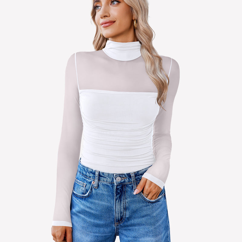 White mesh turtleneck bodysuit, ruched front, with blue jeans. Going out outfit for women.
