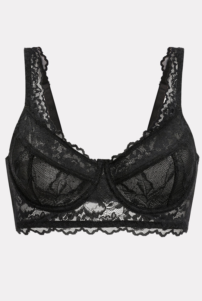 Black lace bralette with underwire, floral lace design for support and a comfortable, sexy fit.