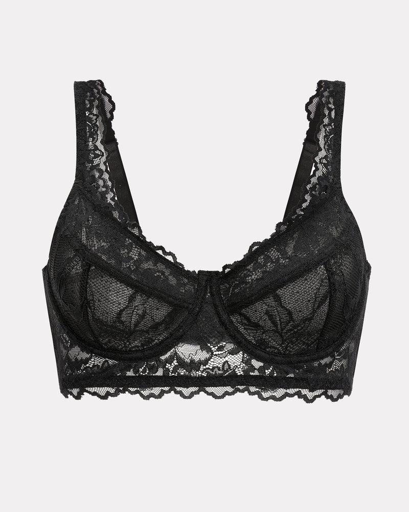 Black lace bralette with underwire, floral lace design for support and a comfortable, sexy fit.