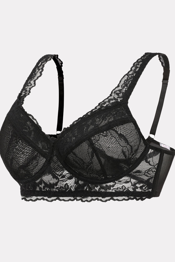 Black lace bralette with underwire, floral lace design, adjustable straps, sexy lingerie