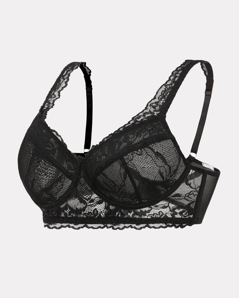 Black lace bralette with underwire, floral lace design, adjustable straps, sexy lingerie