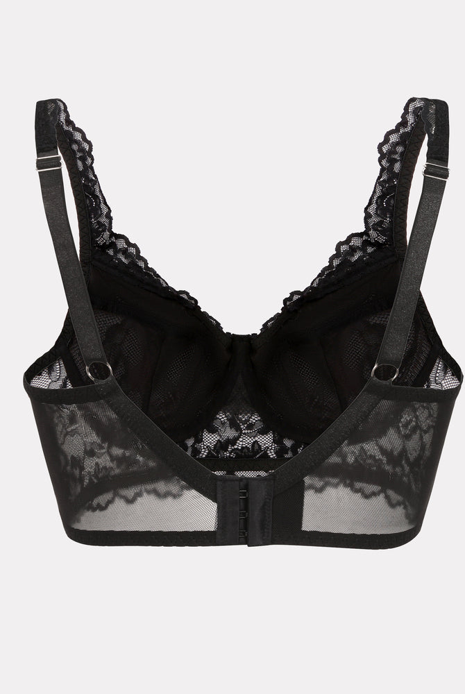 Black lace bralette, underwire, adjustable straps, floral lace. Sexy lingerie for women