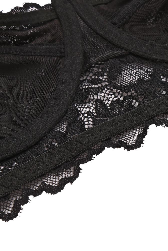 Black lace bralette detail with underwire, floral lace, and scalloped trim for sexy lingerie