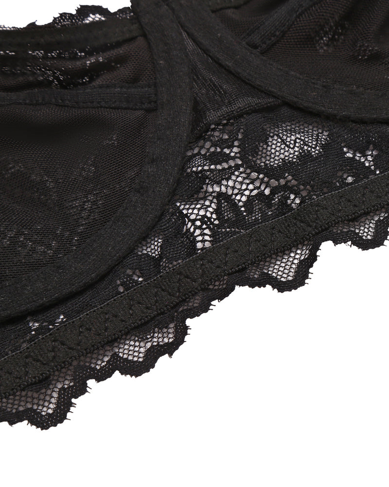 Black lace bralette detail with underwire, floral lace, and scalloped trim for sexy lingerie