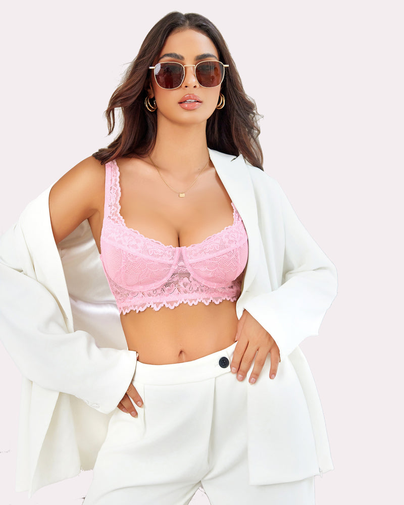 Pink lace bralette, white trousers, floral lace, and sunglasses. Sexy lingerie for women.