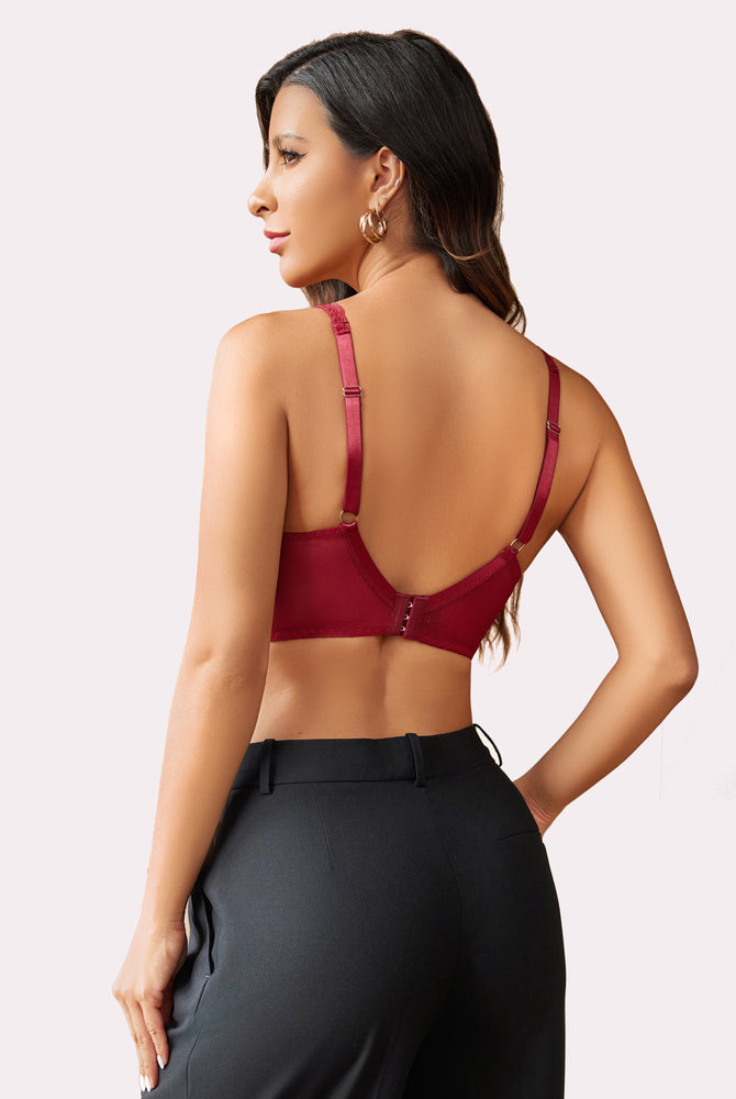 Ruby red underwire bralette with adjustable straps and black trousers. Sexy lingerie for women.