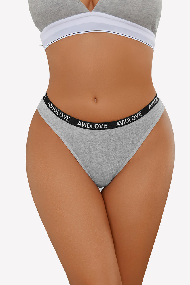 Avidlove grey cotton thong panties with branded waistband, breathable low-rise lingerie.