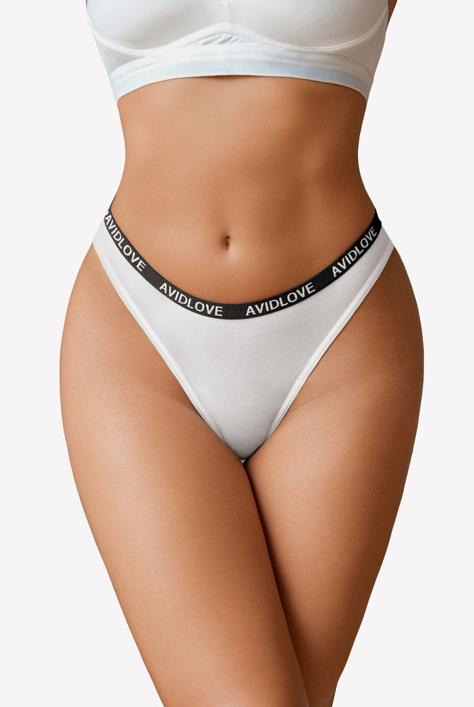 Avidlove white cotton thong low-rise panties with branded waistband for breathable comfort.