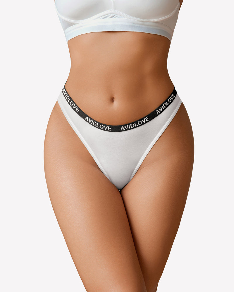 Avidlove white cotton thong low-rise panties with branded waistband for breathable comfort.