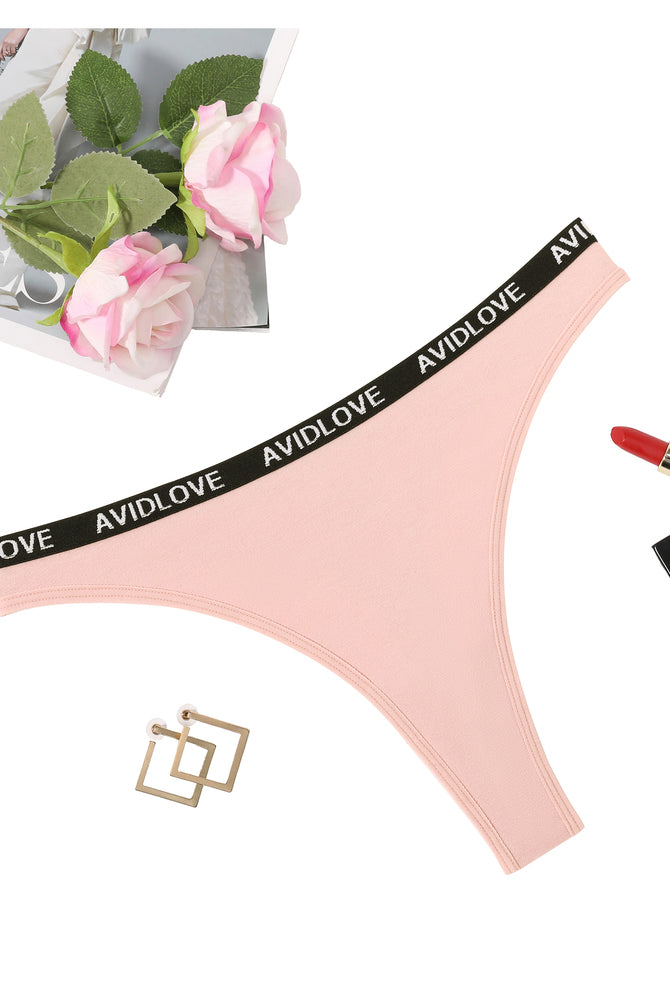 Avidlove pink cotton thong panties with branded waistband, low-rise and breathable lingerie.