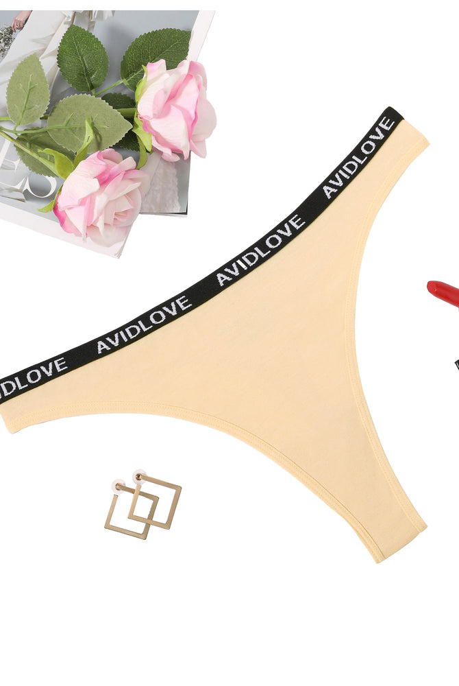 Avidlove low-rise cotton thong panties in beige with a branded waistband, breathable lingerie.