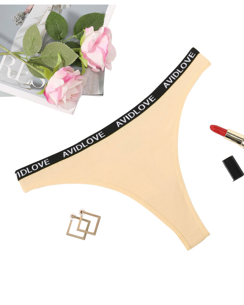 Avidlove low-rise cotton thong panties in beige with a branded waistband, breathable lingerie.