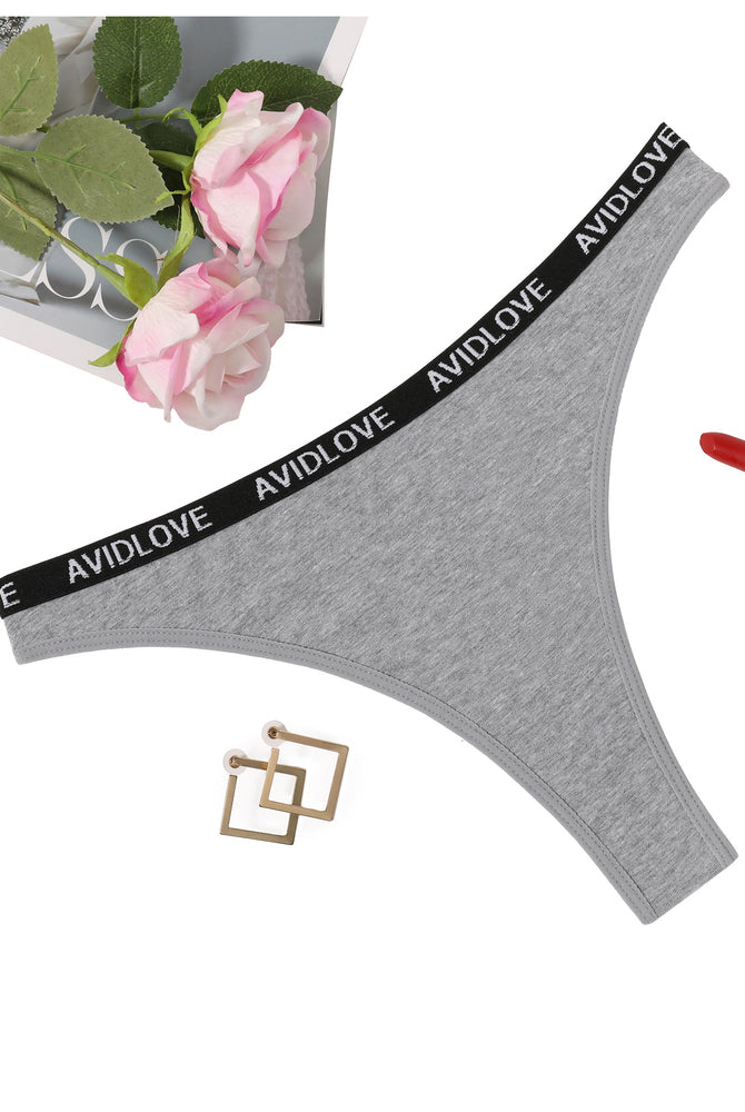 Avidlove gray cotton low-rise thong with branded waistband, comfortable and breathable lingerie.