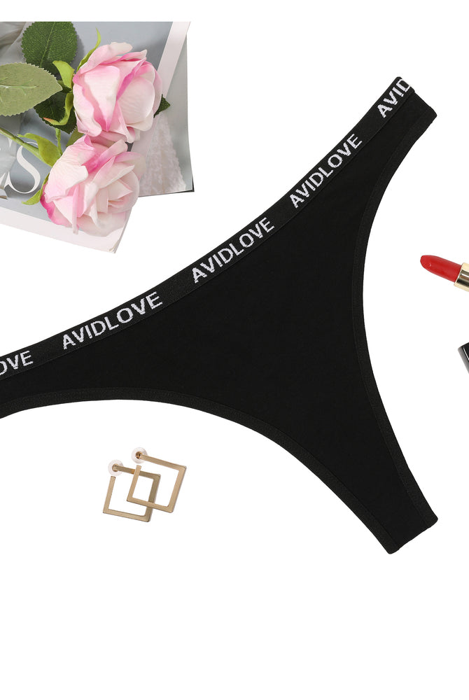Black Avidlove low-rise cotton thong with branded waistband; comfortable and breathable lingerie.