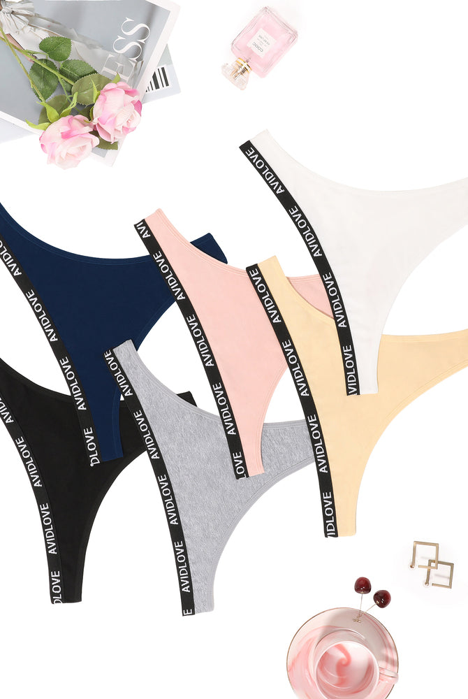 Avidlove cotton thong panties in various colors; low-rise, breathable lingerie with Avidlove logo.