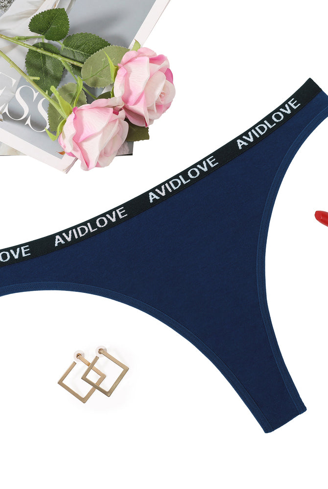 Avidlove navy cotton thong low-rise with branded waistband; comfortable and breathable lingerie.