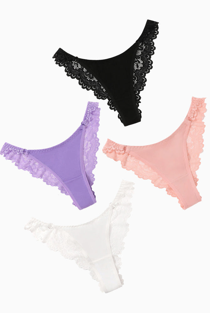String Panty in black, purple, peach, and white colors with lace trim. Low-rise cheeky design.