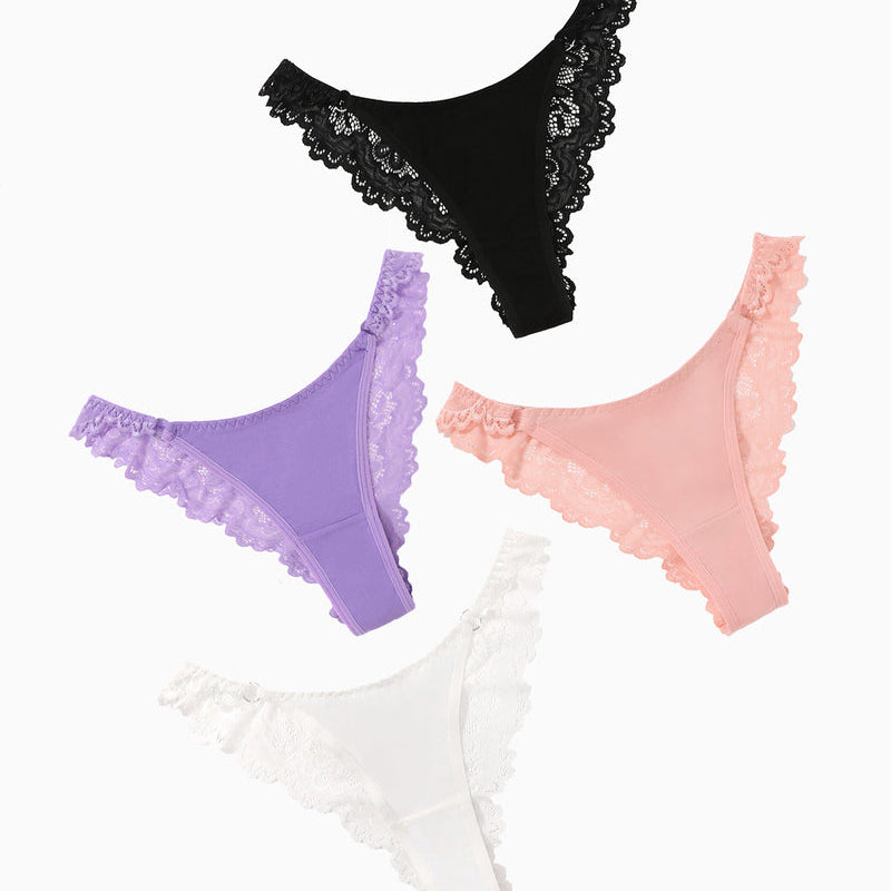 String Panty in black, purple, peach, and white colors with lace trim. Low-rise cheeky design.