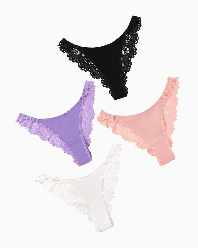 String Panty in black, purple, peach, and white colors with lace trim. Low-rise cheeky design.