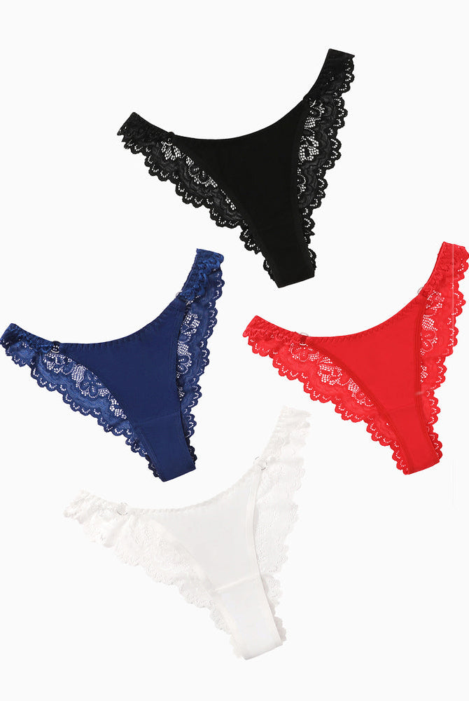 High Cut Hipster string panties in four colors: black, navy, red, white, with lace detail