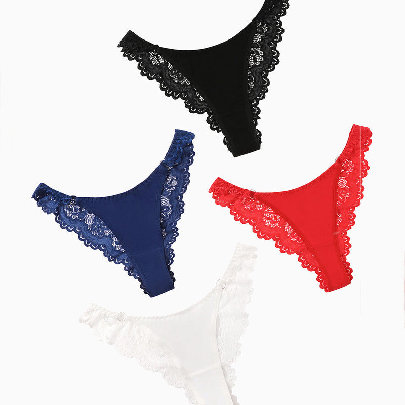 High Cut Hipster string panties in four colors: black, navy, red, white, with lace detail