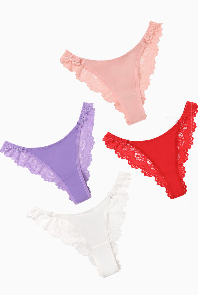 String Panty in pink, purple, red, and white with lace trim. Low-rise cheeky design lingerie.