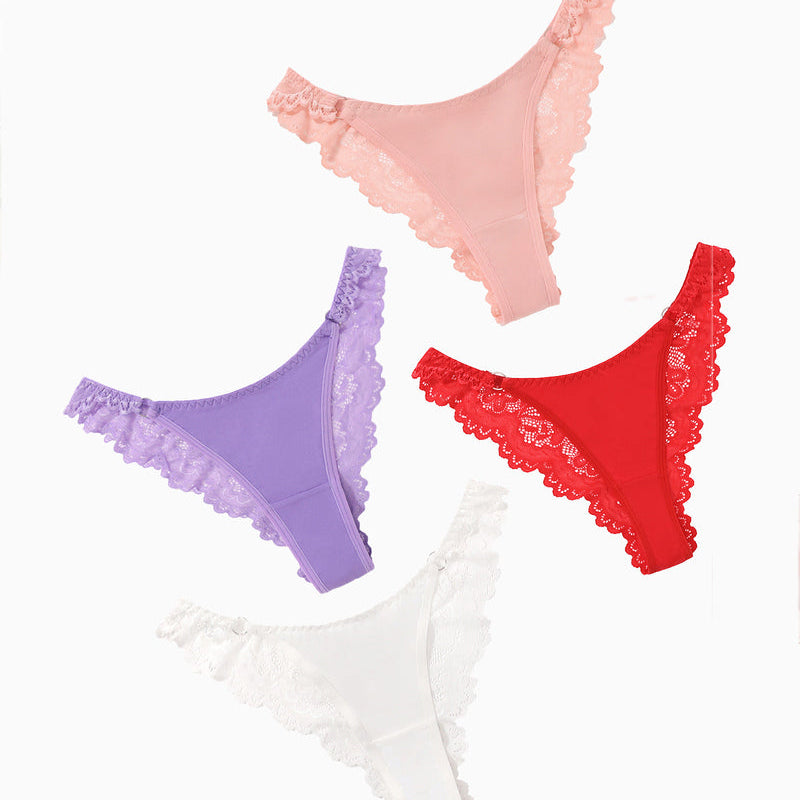 String Panty in pink, purple, red, and white with lace trim. Low-rise cheeky design lingerie.