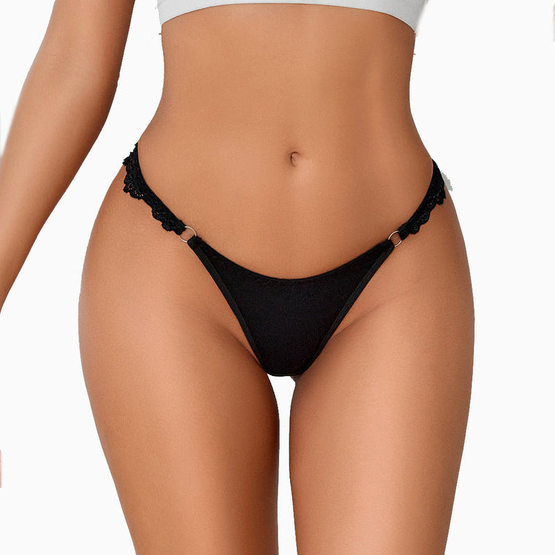 Black string panty with lace and ring detail. High-cut hipster. Low-rise, cheeky lingerie for women.