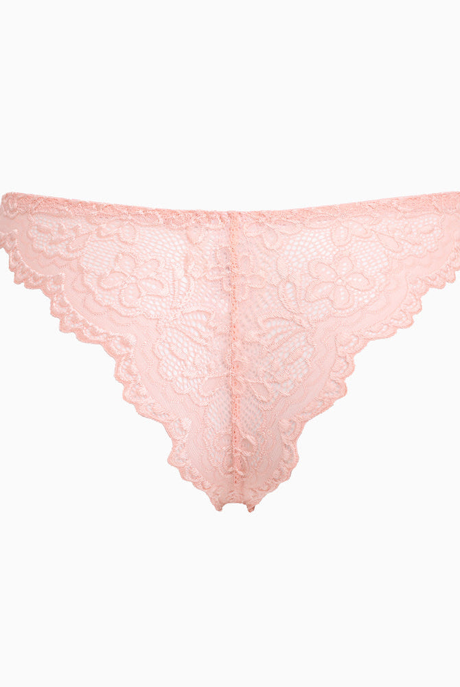 Light pink floral lace string panty. Low-rise cheeky design. Soft, charming lingerie for women.