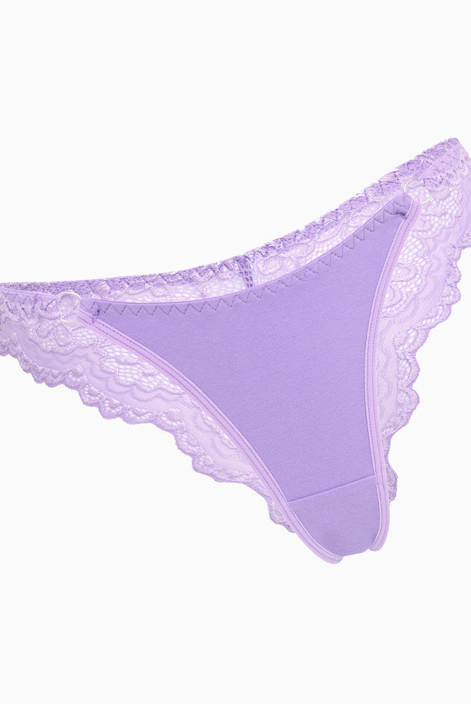 Light purple string panty with floral lace trim, low-rise cheeky design, soft, charming lingerie.
