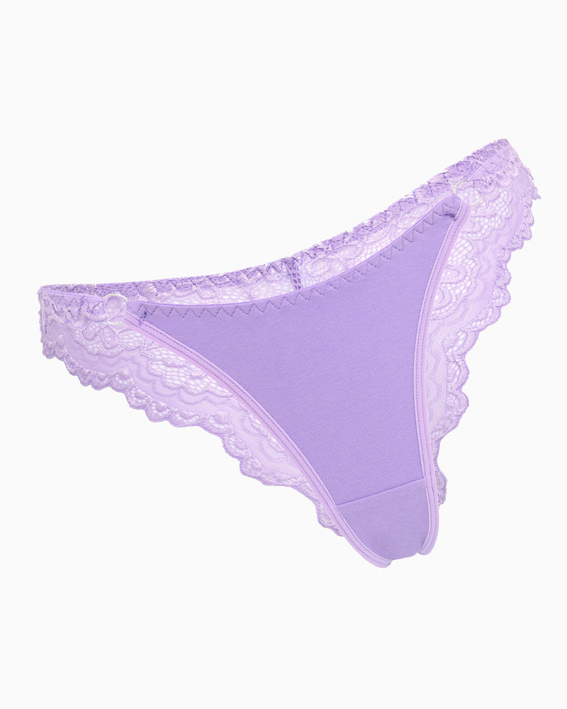 Light purple string panty with floral lace trim, low-rise cheeky design, soft, charming lingerie.