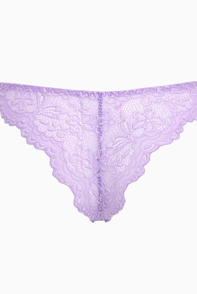 Light purple string panty with floral lace. Low-rise cheeky design, soft and charming lingerie.