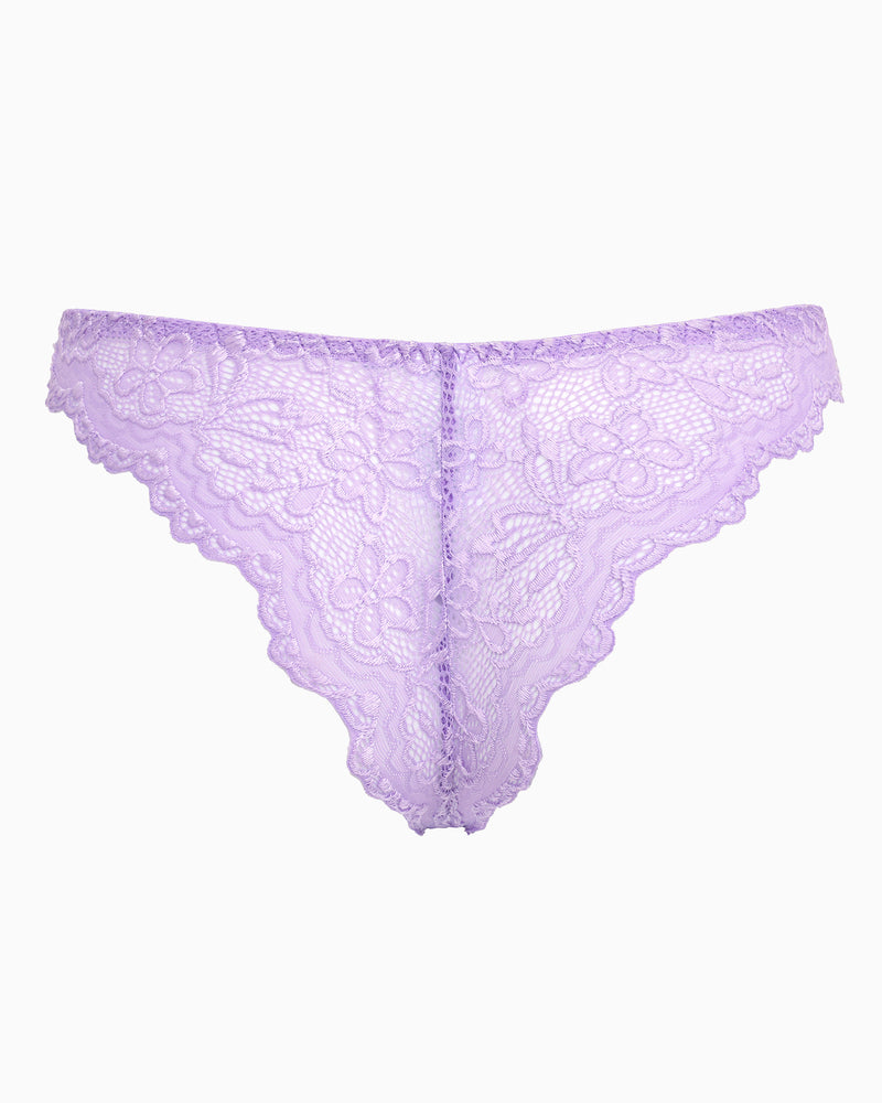 Light purple string panty with floral lace. Low-rise cheeky design, soft and charming lingerie.