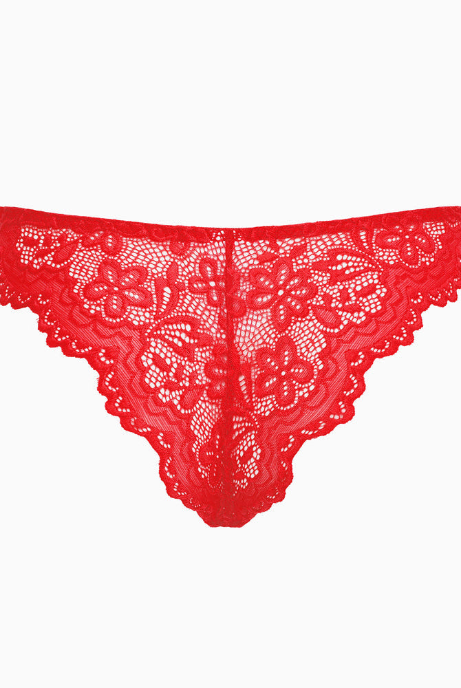 Red string panty with floral lace. Low-rise cheeky design lingerie. Soft, charming style for women.